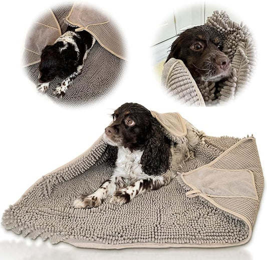 Pet 2-in-1 Dog Towel & Mat – Transforms from Drying to Bath Mat, Ultra Soft, Absorbent & Quick-Drying, Machine Washable Dog Towels with Detachable Non-Slip Mat and Hand Pockets (Small)