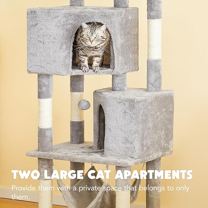 Cat Tree for Indoor Cats - 63in Multi-Level Large Cat Tower with 2 Big Cat Condos, 2 Padded Perches, Hammock, 6 Sisal-Covered Scratching Post and Toys for Kittens Pet Play House, Light Grey