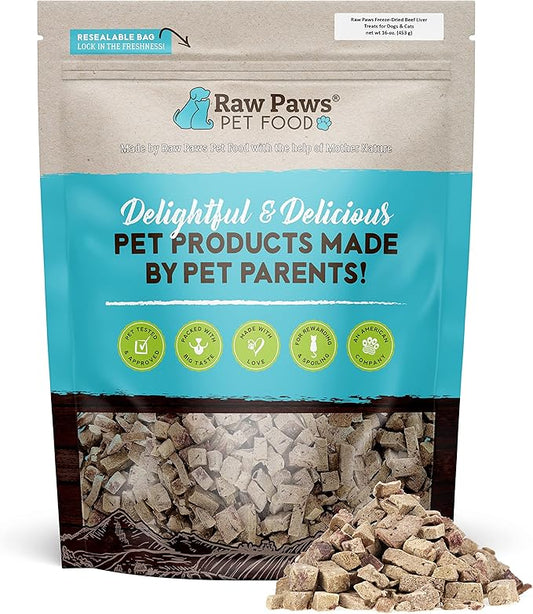 Raw Paws Pet Premium Freeze Dried Beef Liver Treats for Dogs & Cats, All-Natural and Healthy Snack, 16 oz.