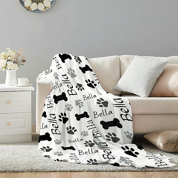 Custom Pet Name Personalized Dog Blanket, Puppy Gift for Dog Lovers, Cute Dog Paw Prints Soft Flannel Throw Blanket for Bed, Sofa, Travel, Large 80"x60" for Adults