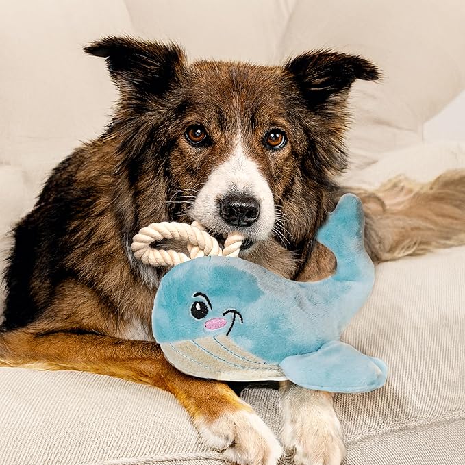 Dog Toys | Plush Whale Stuffed Animal with Rope for Dogs | Eco Friendly Toy - Easy to Clean and Made from Non Toxic Materials