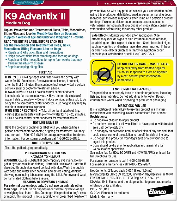 K9 Advantix II Medium Dog Vet-Recommended Flea, Tick & Mosquito Treatment & Prevention | Dogs 11-20 lbs. | 2-Mo Supply