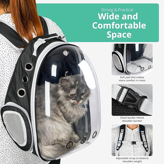 Cat Backpack Carrier with Collapsable Dog Bowl, Cat Collar & Interactive Cat Toy - Airline Approved Bubble Carrying Bag for Medium Dogs & Cats, Animal Carrier Backpacks, Pet Backpack | Black