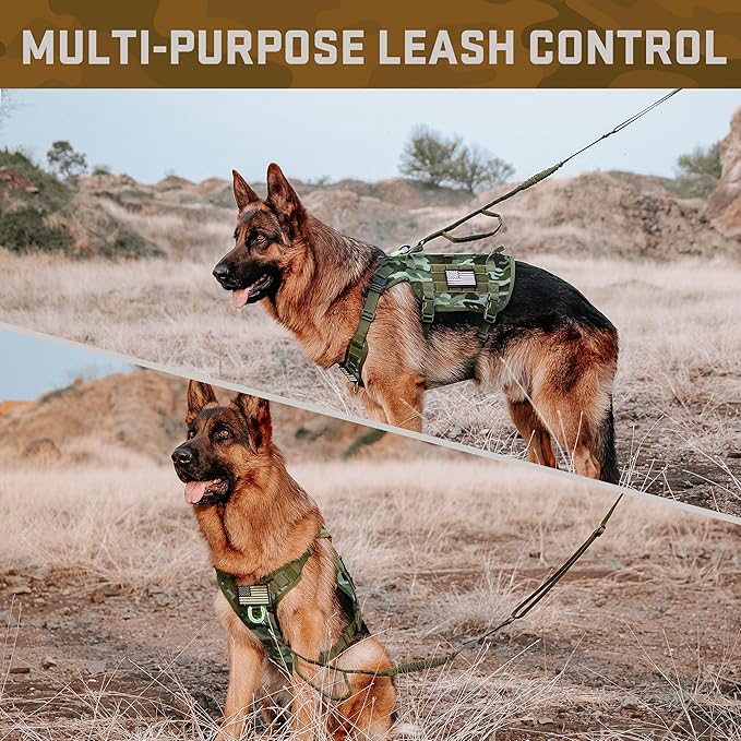 Forestpaw Tactical Dog Harness Tactical Dog Collar with Bungee Leash Set,No Pull Military Dog Harness for Walking Training,Adjustable for Medium Large Dogs,Camouflage Green,Chest 21.5-45"