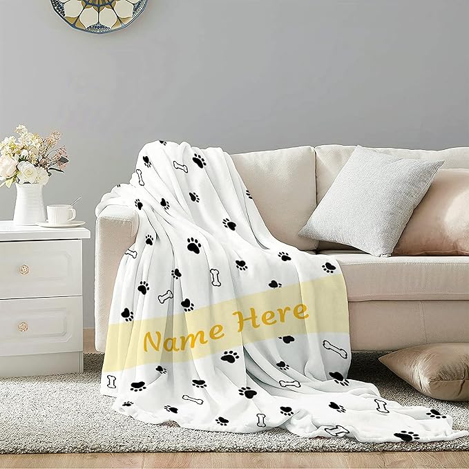 Custom Pet Name Personalized Dog Blanket, Puppy Gift - Soft Flannel Throw for Bed, Sofa, Travel - Extra Large 120"x90" with Cute Dog Paw Prints