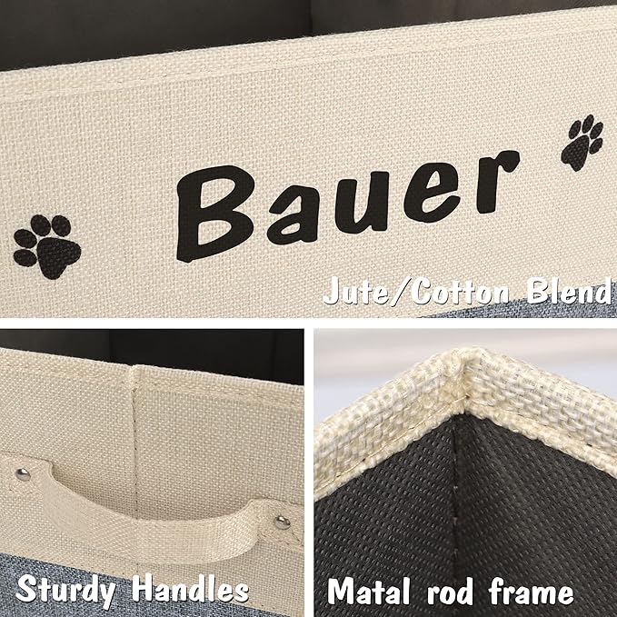 PET ARTIST Large Dog Toy Basket, Custom Toy Bin Box Personalized with Pet's Name, Collapsible Pet Storage Baksets With Handle for Living Room Area Hold Blankets,Accessories- Grey