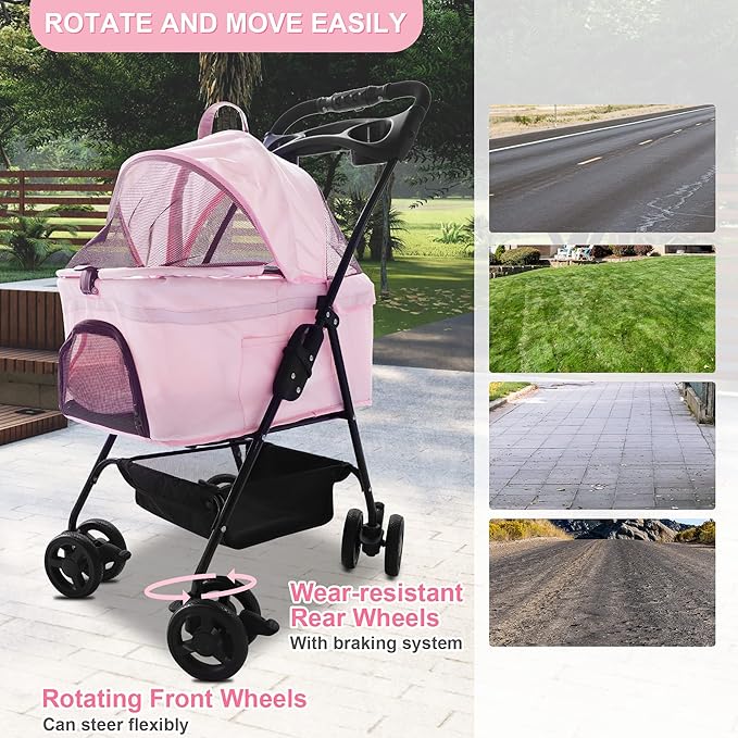 2 in 1 Pet Stroller, Detachable Dog Stroller, Portable Pet Cart w/ 4 Wheels, Cup Holder for Small Dog/Cat, Foldable Waterproof Jogging Travel Carrier Cart, Pink