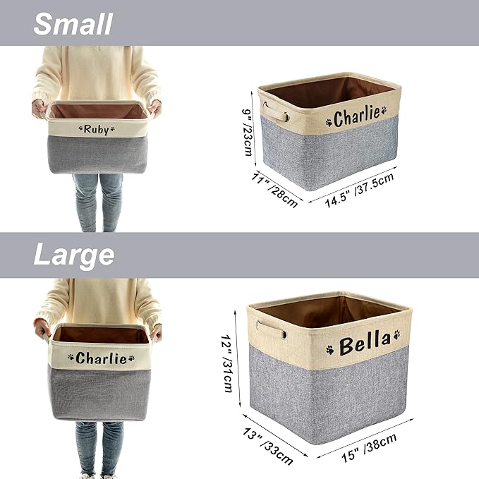 PET ARTIST Collapsible Dog Toy Storage Basket Bin with Personalized Pet's Name - Rectangular Storage Box Chest Organizer for Toys, Clothing, Apparel & Accessories (Grey Big One)