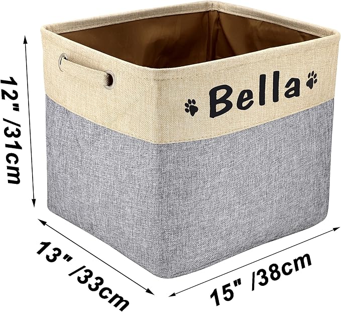 PET ARTIST Collapsible Dog Toy Storage Basket Bin with Personalized Pet's Name - Rectangular Storage Box Chest Organizer for Toys, Clothing, Apparel & Accessories (Grey Big One)