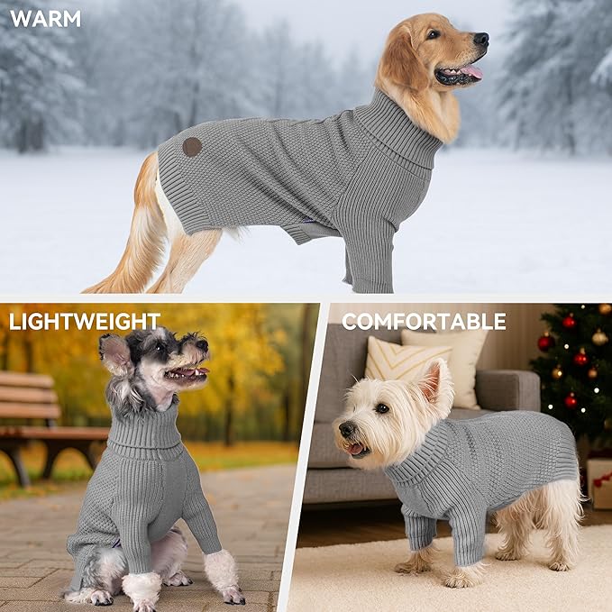 cyeollo Dog Sweaters Turtleneck Knitted Sweater with Leash Hole Winter Pet Clothes Dog Sweaters for Small Dogs, Grey M