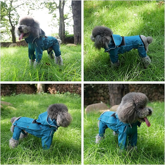 LOVELONGLONG Waterproof Dog Raincoat with Removable Hood – Outdoor Full Body Dog Jacket, Windproof Snowproof Shell Suit – All Season Pet Rain Gear Ocean Teal L