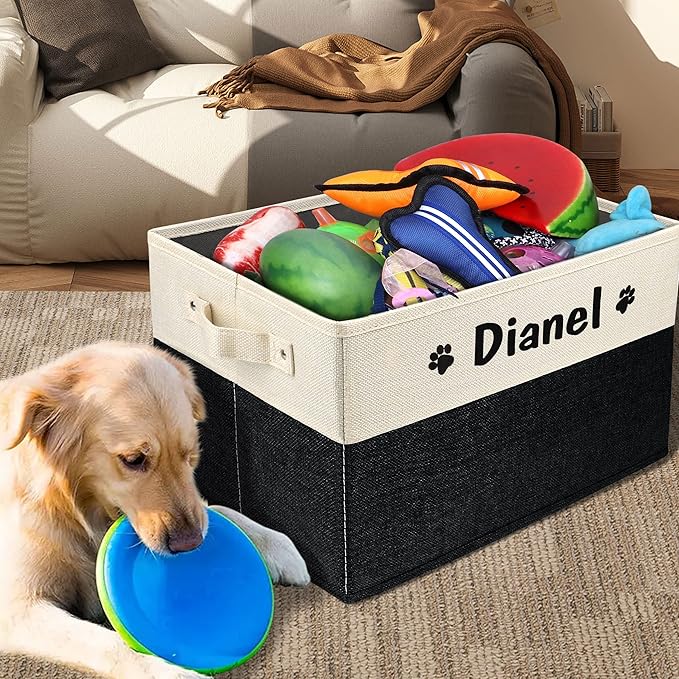 PET ARTIST Personalized Dog Toy Bin for Dog Toys Accessories - Foldable Dog Toy Basket Storage Box for Pet Toys,Dog Coat, Upgrade Black, M:15''(38cm)*11''(28cm)*9''(23cm)