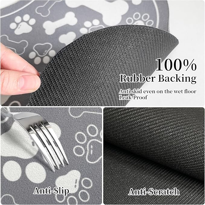 Dog & Cat Food Mat Bone Shaped Pet Feeding Mat Quick Absorb Water Bowl Placemat with Rubber Backing Indoor Floor Stain Resistant Pet Accessory Supplies (Grey Small, 12x18 Inches)