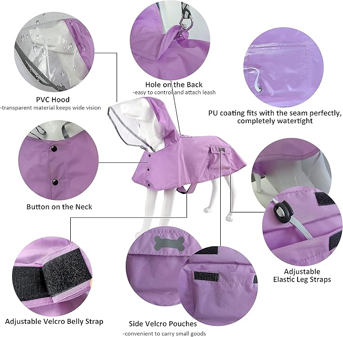 Waterproof Dog Raincoat, Adjustable Reflective Lightweight Pet Rain Clothes with Poncho Hood(X-Small, Light Purple)