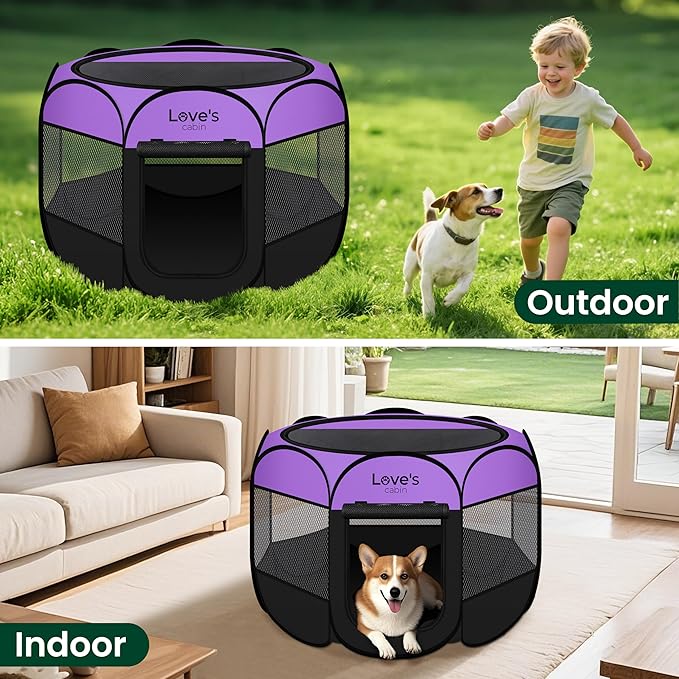 Love's cabin Pet Puppy Dog Playpen, Medium Dog Tent Crates Cage Indoor/Outdoor, Portable Playpen for Cat, Foldable Pop Up Dog Kennel Playpen with Carring Case, Removable Zipper Top, Purple