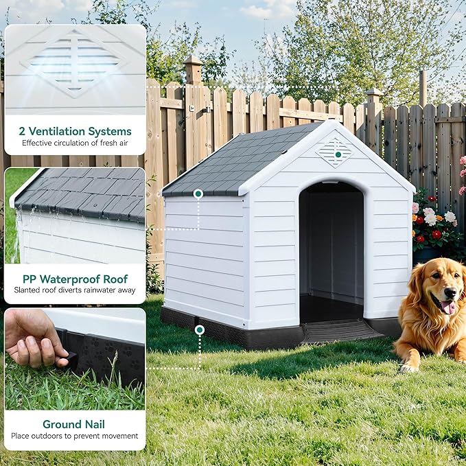 YITAHOME Plastic Dog House, Waterproof Indoor Outdoor Doghouse for Large or Small Dog, with Air Vents and Elevated Floor, Easy Assemble and Clean