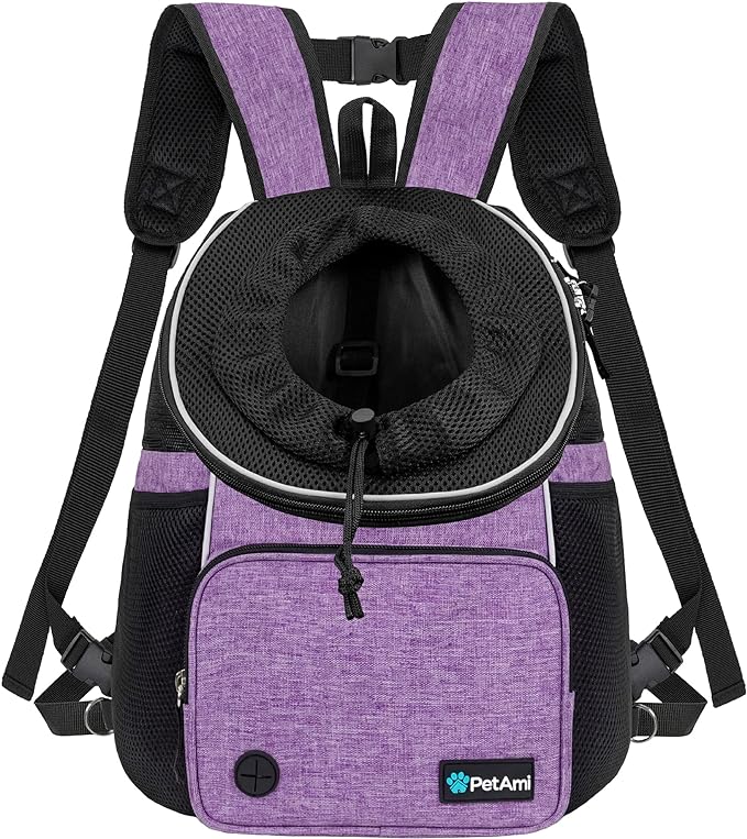 PetAmi Adjustable Cat & Dog Chest Carrier Backpack, Ventilated for Hiking & Camping, Max 10 lbs, Purple