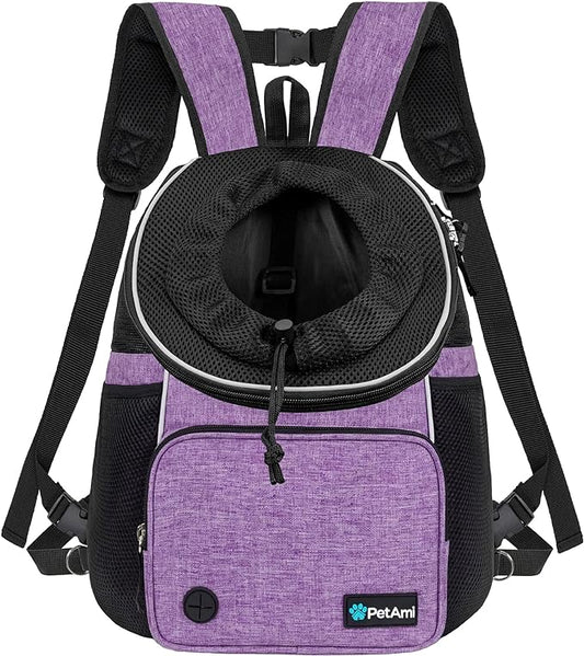 PetAmi Adjustable Cat & Dog Chest Carrier Backpack, Ventilated for Hiking & Camping, Max 10 lbs, Purple