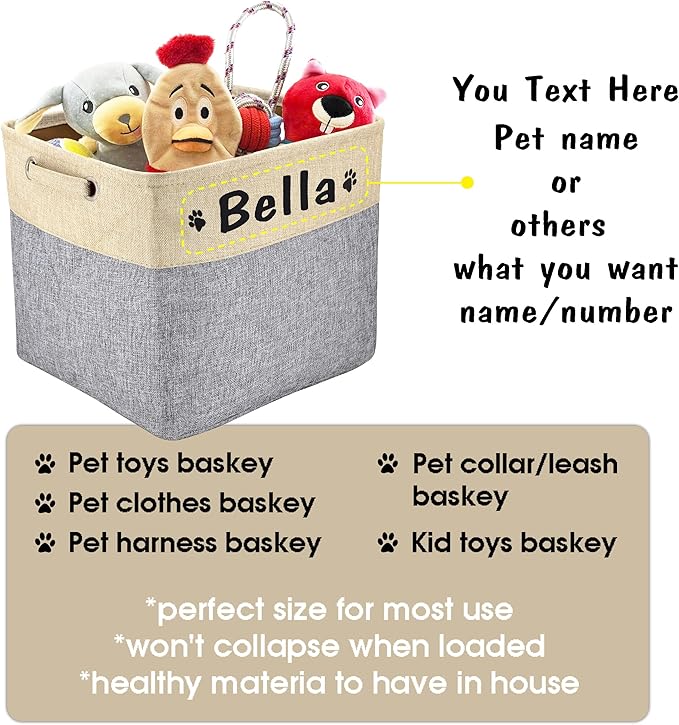 PET ARTIST Collapsible Dog Toy Storage Basket Bin with Personalized Pet's Name - Rectangular Storage Box Chest Organizer for Toys, Clothing, Apparel & Accessories (Grey Big One)