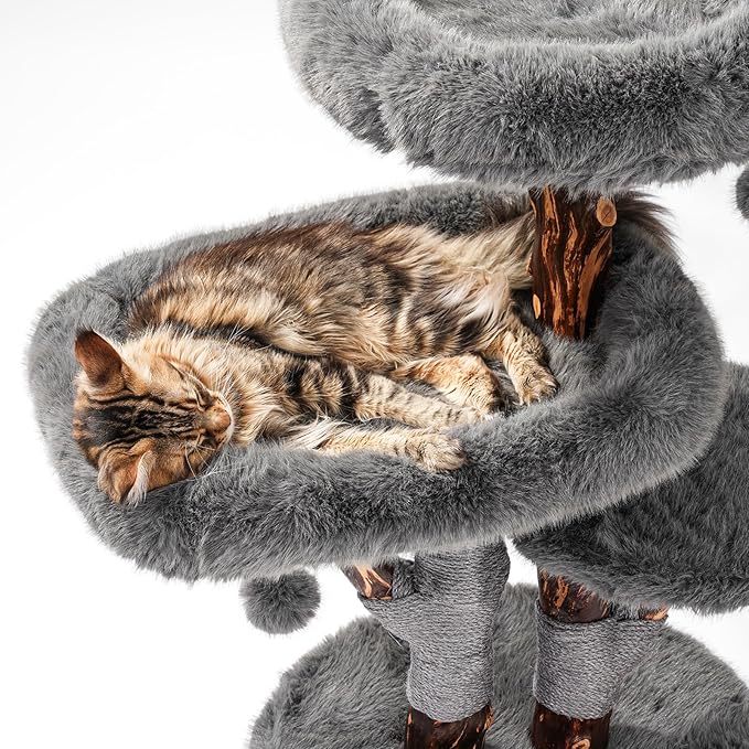 Aesthetic Cat Tree Tower for Large Cats, Large Cat Tree for Maine Coon Indoor Cats with Faux Fox Fur, Solid Wood Sisal Scratching Post, Perches, Platform & Toy Ball