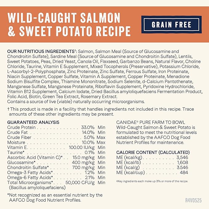 Canidae Pure Farm to Bowl, Grain-Free, Wild-Caught Salmon & Sweet Potato Dog Food, Adult 12lb