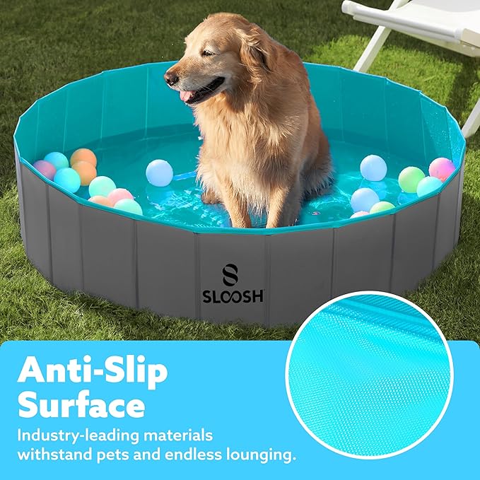 SLOOSH Foldable Dog Kiddie Pool - Portable Hard Plastic Doggie Swimming Pool, Anti-Slip Collapsible Pets Bath Tub Suitable for Kids Indoor Outdoor Backyard Use (48" x 12", Grey)
