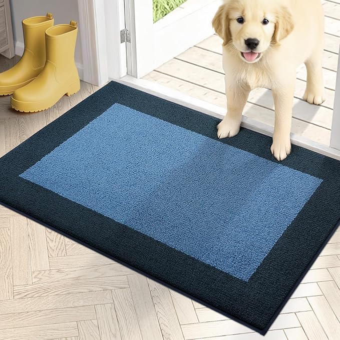PURRUGS Dirt Trapping Door Mat 20" x 32", Non-Slip/Skid Machine Washable Entryway Rug, Shoes Scraper, Throw Rug, Super Absorbent Area Rug for Muddy Wet Shoes and Paws, Light Blue & Navy
