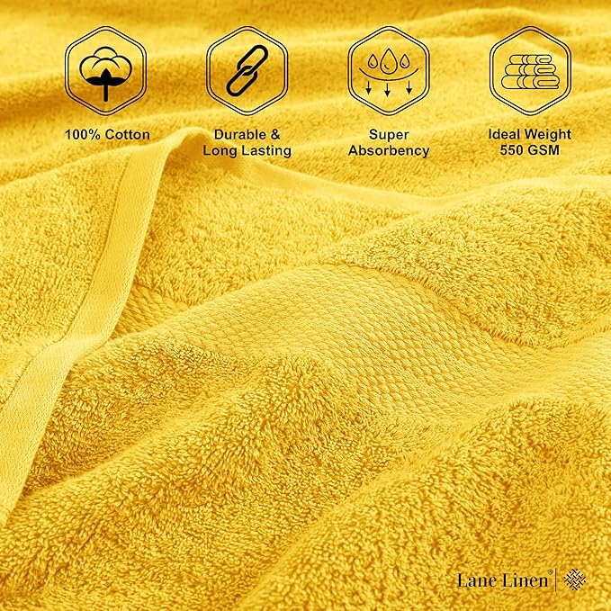 LANE LINEN 100% Mercerized Cotton Bathroom Towel Set - 16 Pieces - Fluffy, Super Soft & Highly Absorbent - 4 Bath Towels, 8 Washcloths, 4 Hand Towels - Ring Spun, Double Sided Cotton Terry - Mimosa