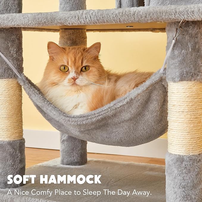 Cat Tree for Indoor Cats - Tall Multi-Level Cat Tower with Condos, Sisal Scratching Posts and Hammock, Top Perch with Dangling Toys for Large Cats and Kittens, Light Grey