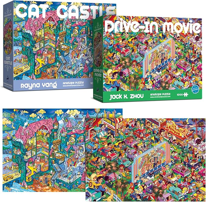 Antelope 2 in 1 1000 Piece Puzzle Bundle - Cat Castle & Drive In Movie