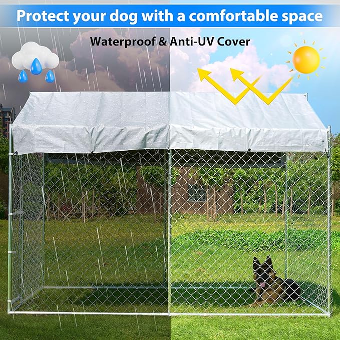 10x6x7.7ft Large Dog Kennel Outdoor, Heavy-Duty Outside Dog Kennel with Roof, Security Latch-Lock Door, Chain-Link Dog Enclosure Dog Run for Yard with Cover