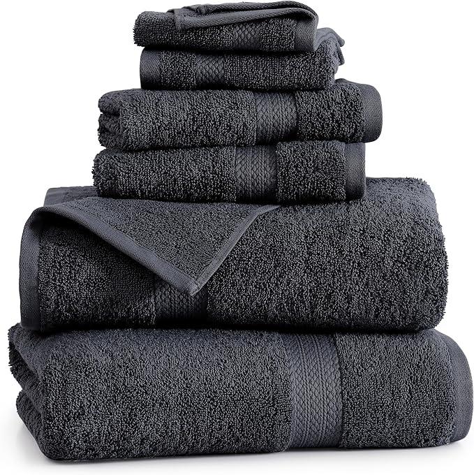 LANE LINEN 100% Cotton Luxury Bath Towel Set - 6 Pieces - Ring Spun, Super Soft & Highly Absorbent - 2 Bath, 2 Washcloths, 2 Hand Towels for Bathroom - Holds Well After Multiple Washes - Black