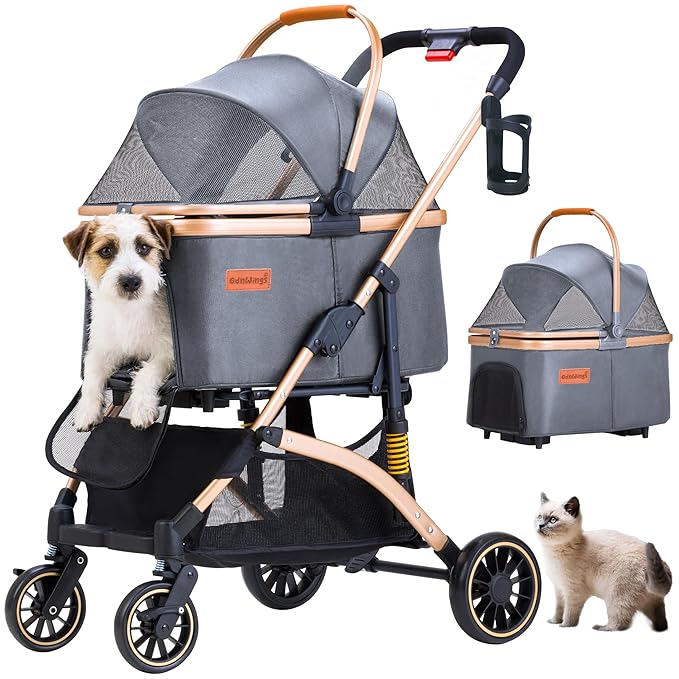 Pet Stroller for Small Dogs, Lightweight Small Dog Stroller for Dogs Cats with 6 Shock Absorption System, Detachable Carrier Suitable for Car Seat & Hand Carry, Safe Outings, Gray