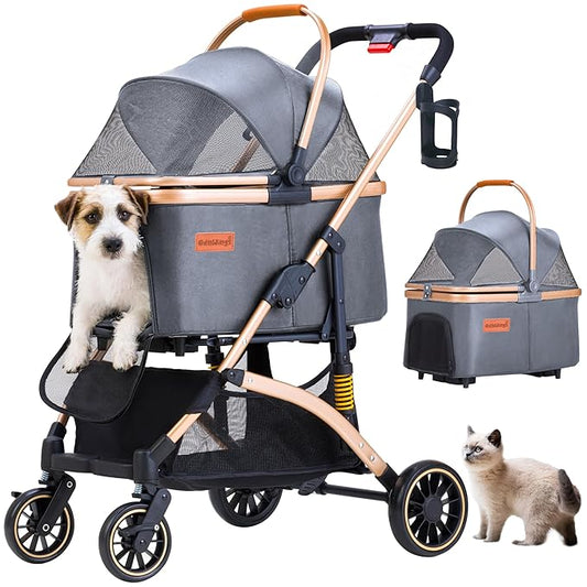 Pet Stroller for Small Dogs, Lightweight Small Dog Stroller for Dogs Cats with 6 Shock Absorption System, Detachable Carrier Suitable for Car Seat & Hand Carry, Safe Outings, Gray