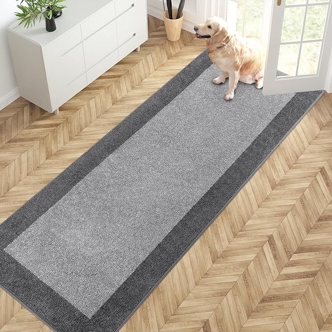 PURRUGS Dirt Trapping Door Mat 32" x 84", Non-Slip/Skid Machine Washable Entryway Rug, Shoes Scraper, Throw Rug, Super Absorbent Area Rug for Muddy Wet Shoes and Paws, Light Grey & Grey