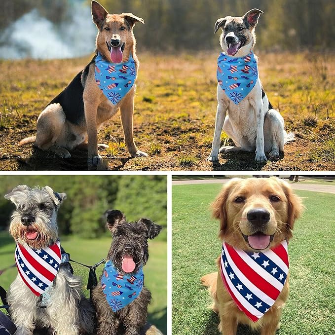 4th of July Bandanas 2 Pack, Triangle Reversible American Flag Pet Patriotic Scarf Bids for Boy and Girl, Holiday Bandana for Small Medium Large Dogs Puppy