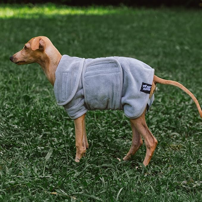 Tuff Pupper Fast Drying Dog Bath Robe | 800 GSM Plush Dog Towel Bathrobe/Dressing Gown | Super Absorbent Pet/Puppy Bathrobe | Adjustable Hood & Belly Strap | Super Soft | Fast Drying (XS, Gray)