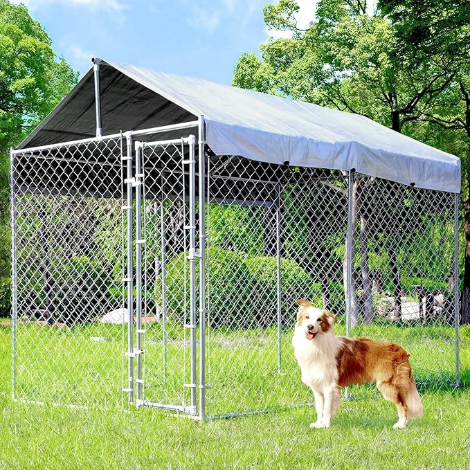 Large Dog Kennel Outdoor, Outside Dog Run Enclosure Heavy Duty Galvanized Steel Chain Link Metal Dog Pen House with Lockable Door and Water-Resistant Roof, for Medium and Large Dogs(10'x6'x7.65')