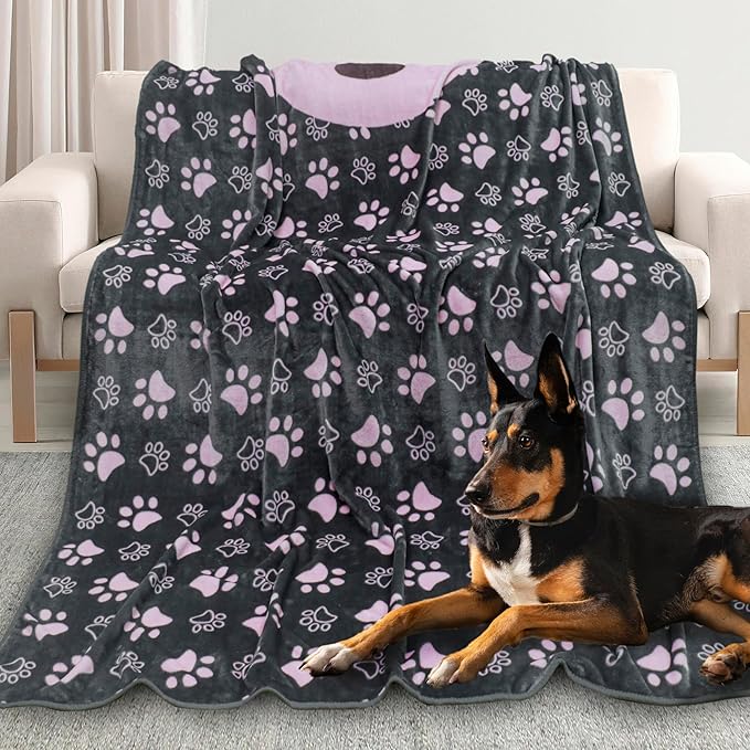 Upgraded Dog Blankets for Large Dogs, Cat Flannel Blankets Washable, with Premium 300GSM Soft Pet Throw Cover for Kennel Crate Bed, Cute Paw Pattern,50x60 inch,Grey & Pink.