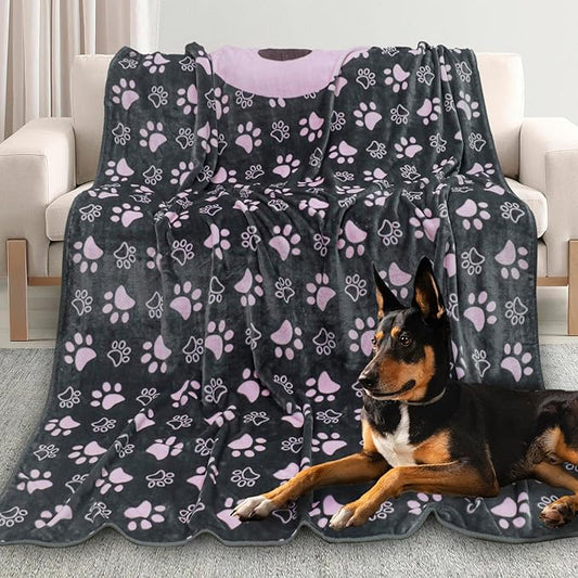 Flannel Dog Blankets for Large Dogs - Washable Pet Blanket, Soft Crate Bed Mat with Paw Pattern for Kennel/Couch, Grey & Pink 80x60 Inch
