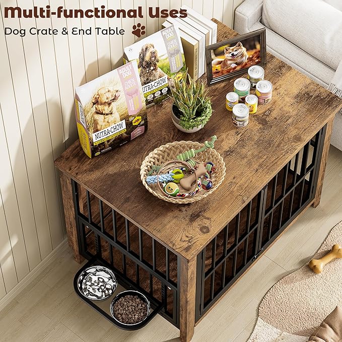 Lulive Dog Crate Furniture, Wooden Dog Kennel Indoor with Adjustable 360°& Height Dog Bowls, Double Doors Furniture Dog Crates End Table for Small/Medium 31.5" L*22.5" W*25.6" H, Brown