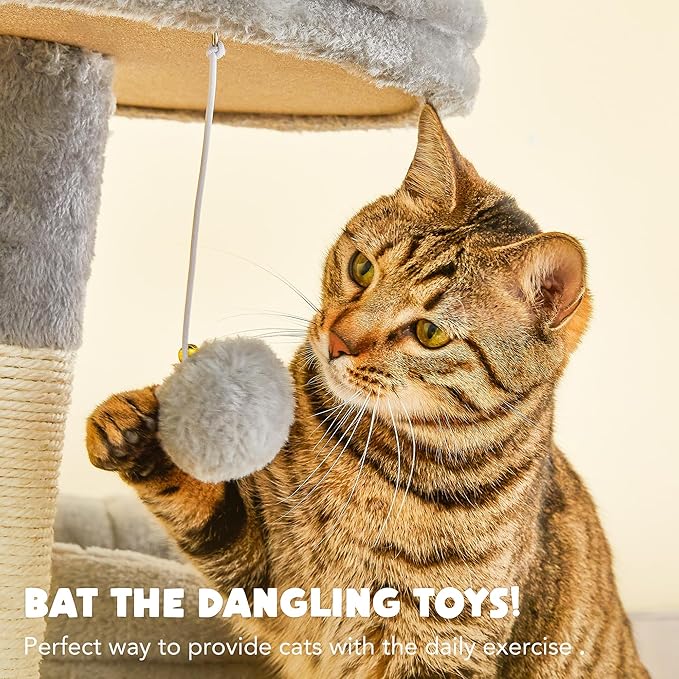 Cat Tree for Indoor Cats - 63in Multi-Level Large Cat Tower with 2 Big Cat Condos, 2 Padded Perches, Hammock, 6 Sisal-Covered Scratching Post and Toys for Kittens Pet Play House, Light Grey