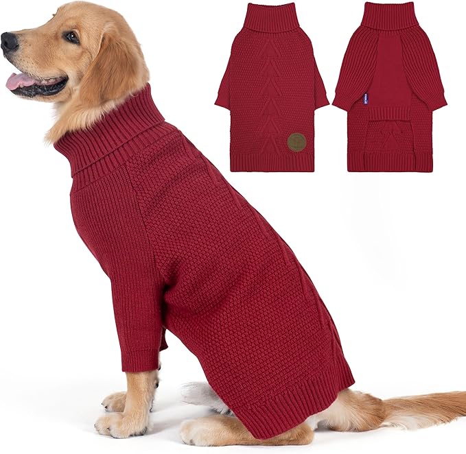cyeollo Dog Sweater Knitwear with Leash Hole Turtleneck Pullover Sweaters Fall Winter Dog Clothes Sweaters for Large Dogs, Burgundy XXXL
