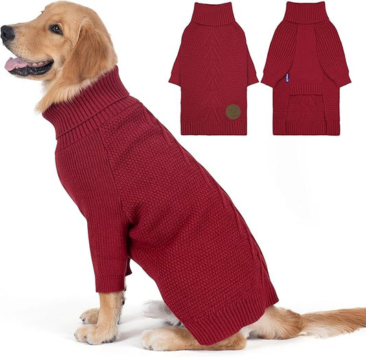 cyeollo Dog Sweater Knitwear with Leash Hole Turtleneck Pullover Sweaters Fall Winter Dog Clothes Sweaters for Large Dogs, Burgundy XXXL