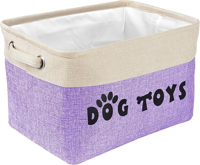 PET ARTIST Dog Toy Basket, Collapsible Dog Toy Bin Box with Comfortable Handles, Large Pet Toy Storage Basket Organizer for Accessories, Toys, Coat & Clothing, Blanket & Leash, Purple, 15"x11"x9"