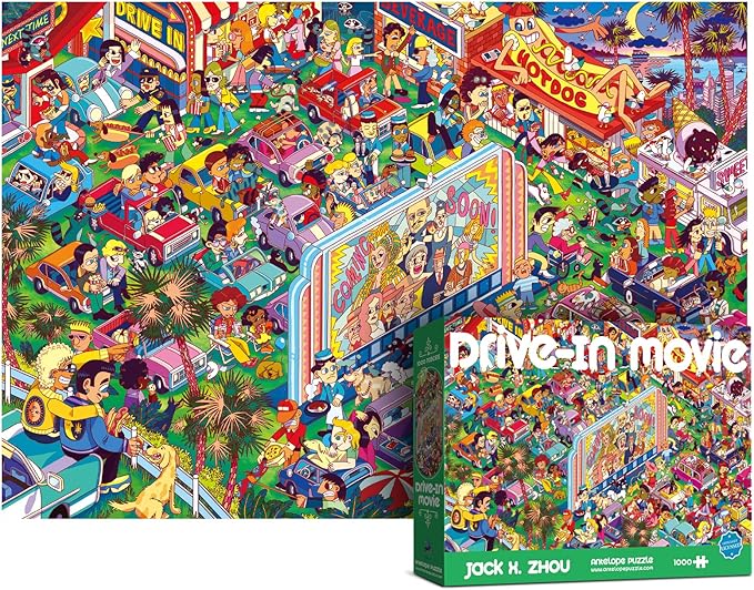 ANTELOPE 1000 Piece Puzzle Bundle, Young Adult, Cardboard, Pets and Entertainment Theme, 3 in 1 Set - Dog Park, Drive in Movie, Cat Castle