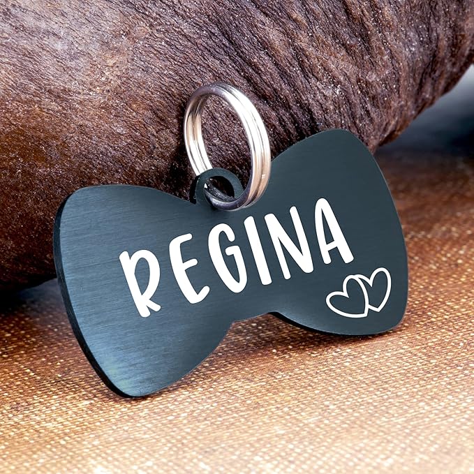 Ultra Joys Cat ID Tag Personalized Pet Tags, Durable Stainless Steel Small Pet Mini Dog Cat Tag Lightweight - Bowtie Tag in Black