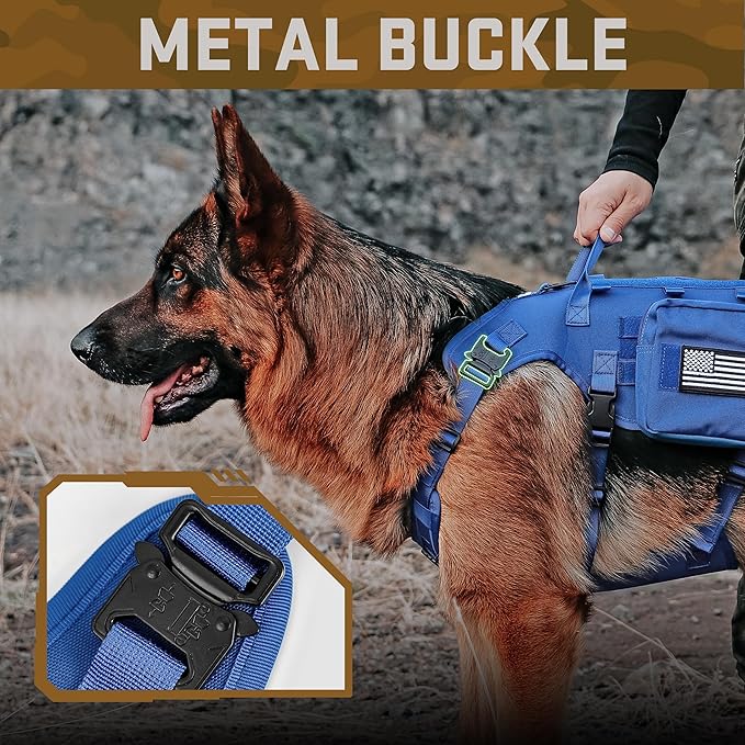 Forestpaw Tactical Dog Harness for Large Dogs,Tactical Dog Collar with Bungee Leash Set,No Pull Military Dog Harness for Walking Training,Adjustable for Medium Large Dogs,Blue,Chest 15.5-25.5"
