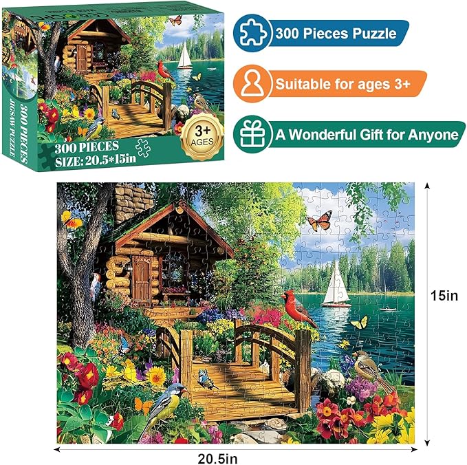 300 Piece Puzzles for Adults,Lake Cabin Jigsaw Puzzle for Adults Kids Elderly,Large Piece Countryside Puzzle for Kids Age 8-10 10-12,Challenging Landscape Puzzle,Family Game Great Gift 20.5x15in