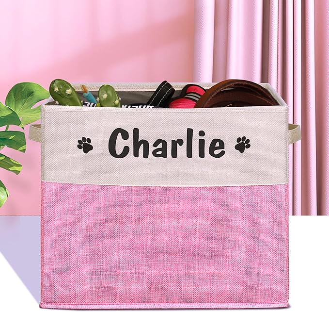 PET ARTIST Large Dog Toy Basket, Custom Toy Bin Box Personalized with Pet's Name, Collapsible Pet Storage Baksets With Handle for Toys,Blankets,Accessories- Pink